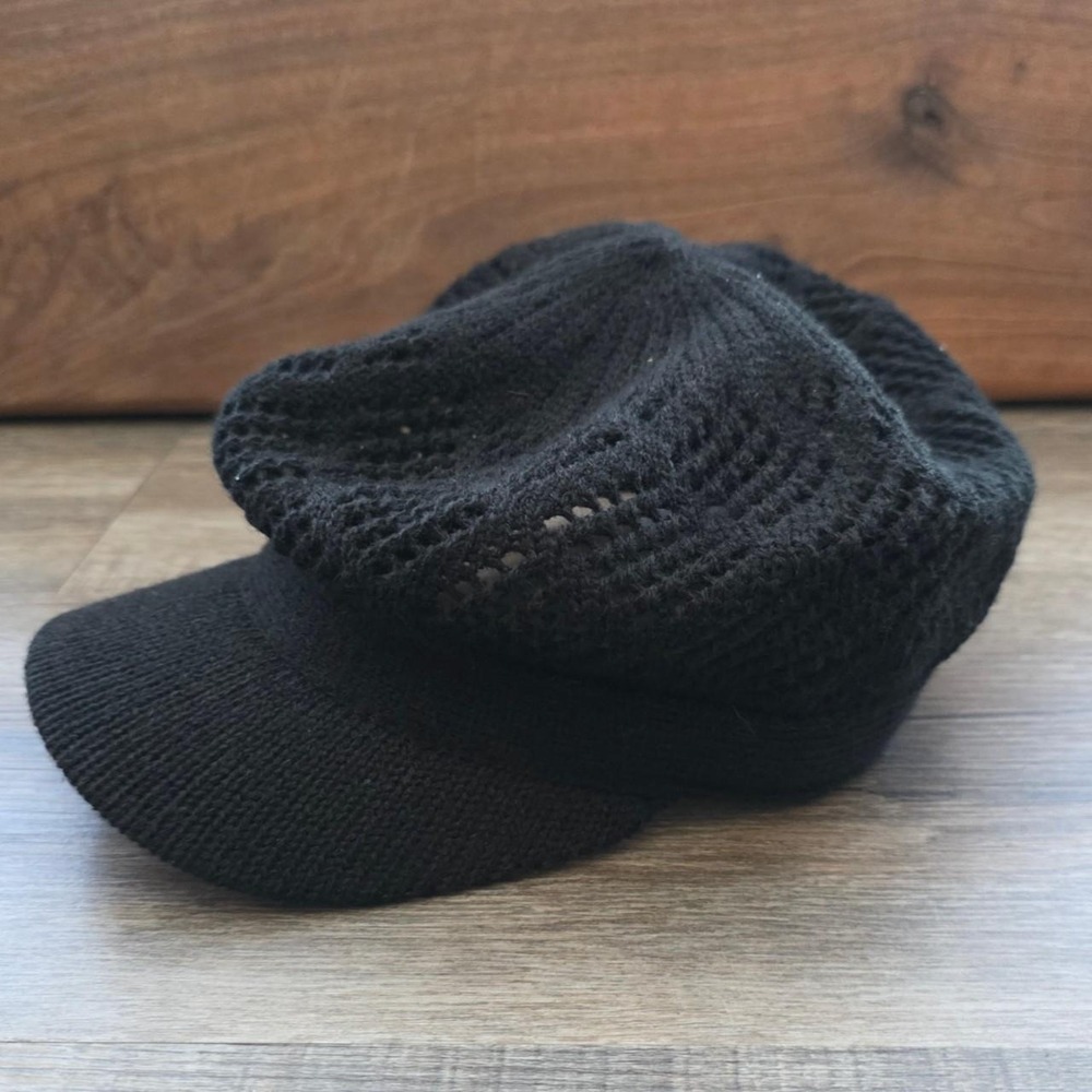 Vintage Style Black Mesh Crochet Newsboy Cadet Cap Hat Y2K Slouchy Beanie